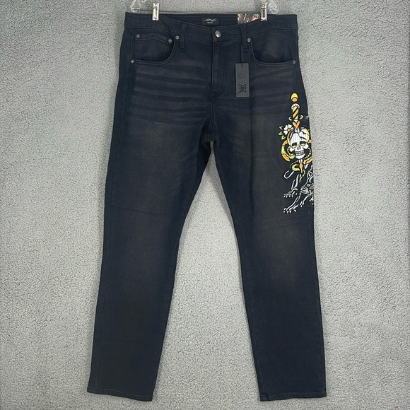 Ed Hardy denim black slim fit straight leg Black Panther Dagger Skull jeans 38